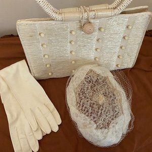 Vintage Straw purse with pill-box hat, 3/4 length leather gloves - 1960s or ?